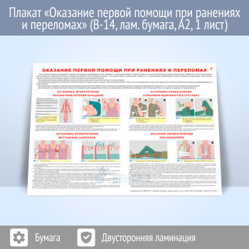 Плакат «Оказание первой помощи при ранениях и переломах» (В-14, ламинированная бумага, А2, 1 лист)