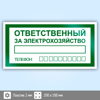 Знак «Ответственный за электрохозяйство», B118 (пластик, 200х100 мм)