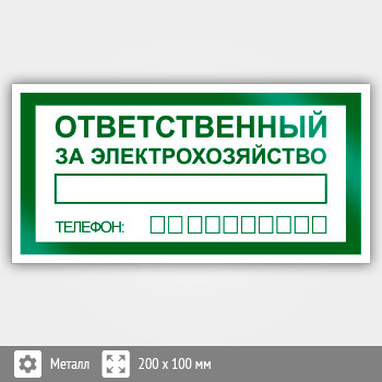 Знак «Ответственный за электрохозяйство», B118 (металл, 200х100 мм)