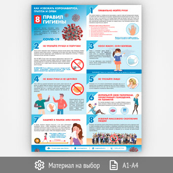 Плакат «Восемь правил гигиены. Как избежать коронавируса, гриппа и ОРВИ» (М-28, 1 лист)