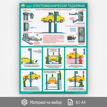 Плакат «Безопасность в авторемонтной мастерской. Электромеханический подъемник» (С-12, 1 лист)